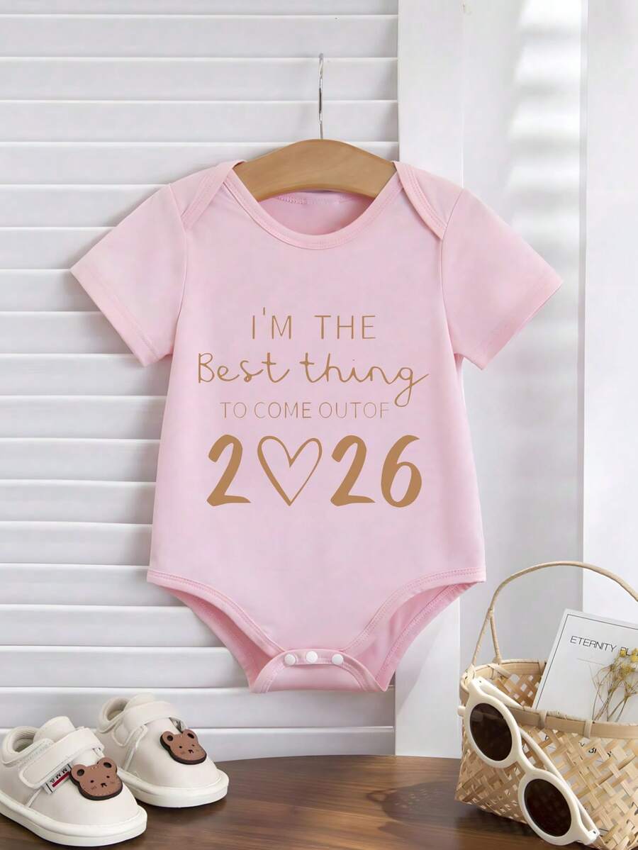 Pink Round Neck Short Sleeve Bodysuit I'm The Best Thing To Come Out Of 2026 Soft 100% Cotton Bodysuit, Easy-Care Snap Closure Outfit For, Perfect Mother's Day Or Birthday Gift For - Unisex Clothing - 粉色 - 查看 1