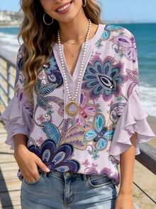 Boho Paisley Floral Print V-Neck Blouse With Double Ruffle Sleeves & Beaded Detail Oversized Casual Top[#RetroVibe #VacationMode #OOTD #FloralBlouse #RuffleSleeves] - Màu tím hoa cà - Xem 2