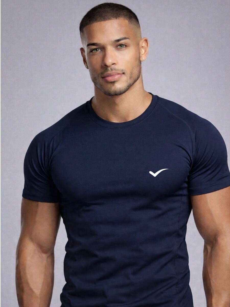 Men's Dry Fit Plain T-Shirt - Casual Workout Gym Sports Exercises Running Everyday - 藏蓝色 - 查看 1