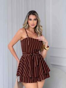 Basic Printed Romper With Padded Cups Duna Premium Sizes P, M, G, And GG - Chocolate Brown Chalk Stripe - View 4