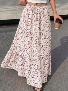 Women Floral Boho Elastic High Waist Flowy Tiered A-Line Maxi Skirt Spring Summer Holiday Beach Vacation Long Skirts With Pockets - 白色紫色花 - 查看 2