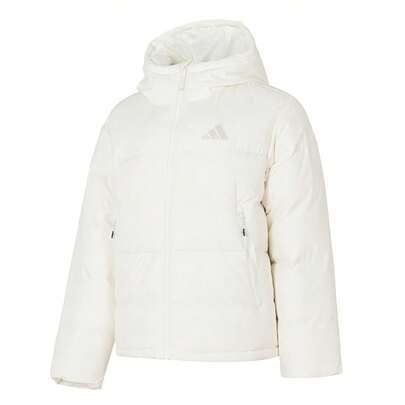 Adidas 女士连帽羽绒服，休闲蓬松羽绒上衣，舒适运动外套，触感柔软蓬松