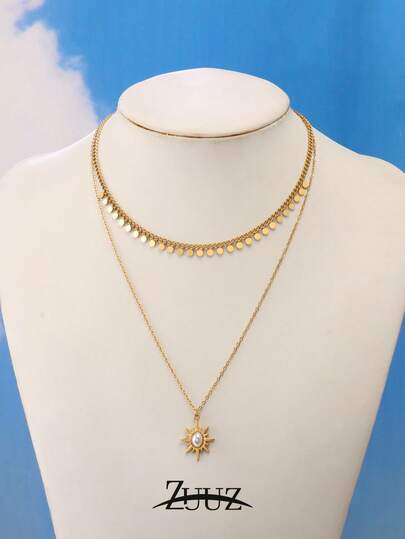 1pc Fashion Vintage Stainless Steel Necklace For Women Pearl Sun Charm Round DoubleLayer Necklace Jewelry For Daily Decoration