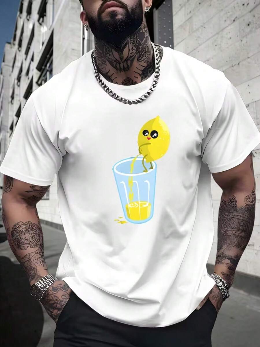 Unisex Printed T-Shirt With Lemon Drink On Top Of A Glass - Stylish Men's And Women's Shirt - 100% Cotton - Free Fast Shipping On - 白色 - 查看 1