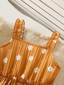 Vestido de niña con tirantes de margarita, volantes en los hombros, cintura elástica y dobladillo de encaje, fresco y dulce, para primavera/verano - Amarillo - Ver 3