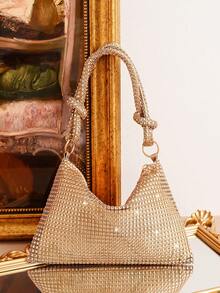 حقيبة مربعة مدمجة بسحاب مزينة بالراين، حقيبة يد مصنوعة يدويًا مناسبة للسهرات والاستخدام اليومي والمواعيد والحفلات - لون شمبانيي - مشاهدة 5