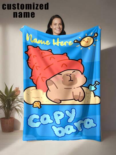 1pc Customizable Capybara Printed Fleece Blanket, Customizable With Personal Name, Nickname, Lucky Number, In Bright Blue Background With A Capybara Lying On The Beach Wearing A Giant Red Seashell, Accompanied By A Small Shovel And Seashells, Full Of Summer - Made Of Knitted Flannel Fabric With Digital Printing, Comfortable And Warm For All Seasons, Suitable For Sofa, Bed, Travel, Camping, Office - Easy Care, Perfect For Napping, Camping And Traveling.