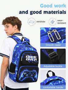 1 Set Kids Backpack With Cool Graphic, Game Controller Print Backpack With Lunch Bag, Zipper Closure, Multi-Pocket Design, Suitable For Daily Wear, Camouflage Blue/Red Set - A - View 6