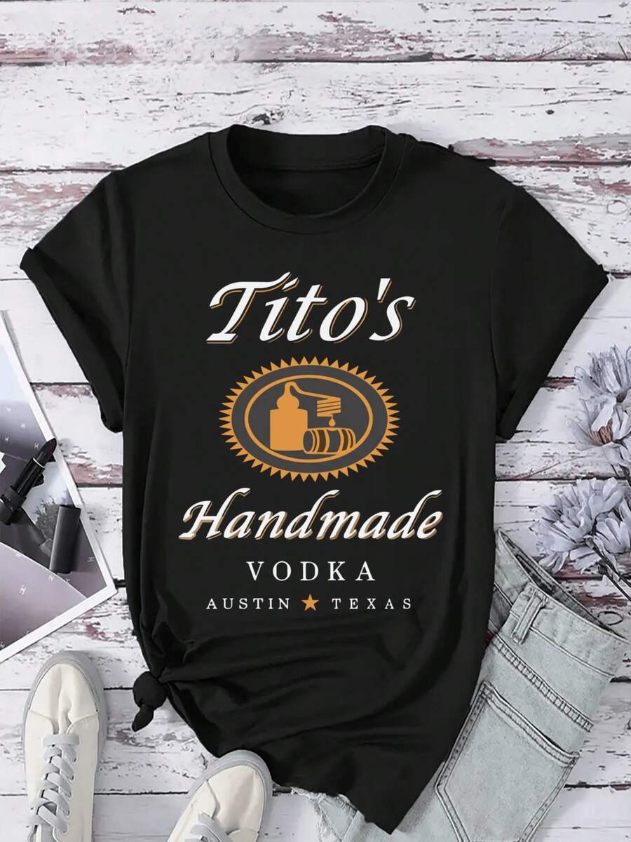 100% Cotton 220g Women's T Shirt Tito's Vodka Graphic Ustin Texas Handmade Spirits Casual.Jpg - 黑色 - 查看 1