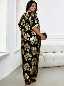Vestido holgado con estampado floral y cuello con muesca para mujer de talla grande, adecuado para diversas ocasiones como fiestas, graduaciones, eventos de regreso a la escuela, citas y uso diario - Multicolor - Ver 3
