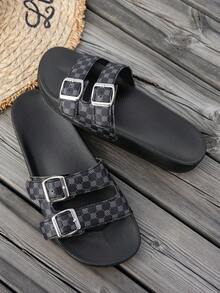 Men's Luxury Dual Buckle Adjustable Slip-On Sandals, Printed Casual Beach & Daily Wear Slippers - Black - View 2