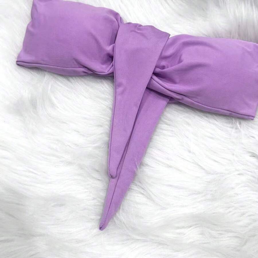 WO Cropped Top With A Crossover Neckline At The Front, Suplex Fabric With Built-In Cups, Multi-Way Cropped Top With Tie Closure. New Arrival. - Mauve Purple - View 1