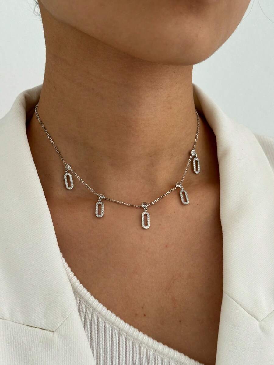 1pc Silver-Tone Necklace, Versatile Copper Cubic Zirconia Necklace, Suitable For Dates, Parties, Gifts, Daily Wear - Silver - View 1