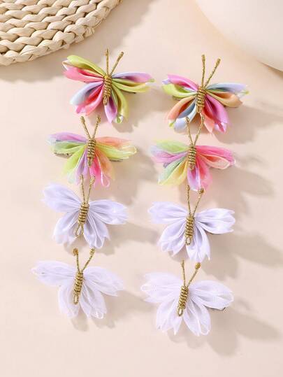 4件套女士简约优雅白色及彩色手工网纱蝴蝶花朵发夹，适合日常、节日、斋月、派对、婚礼装饰