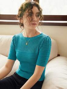 Knit Mix Elegant Women's French Retro Style Knitted Puff Sleeve Top, Spring/Summer Round Neck Fitted T-Shirt Simple Retro Vintage Style Random Pattern Fall - Lake Blue - View 4
