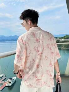 Couple Set Summer Personalized Color Shirt, Men's Hawaiian Vacation Ice Silk Quick Drying Floral Shirt - Pink - View 5
