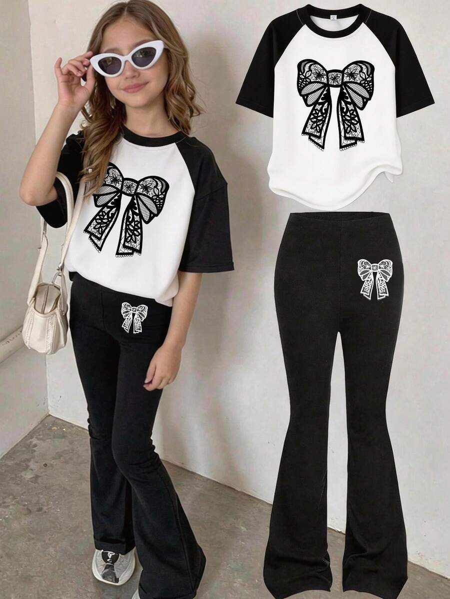 2pcs/Set Girls' Butterfly Print Raglan Sleeve T-Shirt And Flare Pants Set, Suitable For Spring/Summer, Teenage Top And Bottoms Outfit - Black - View 1
