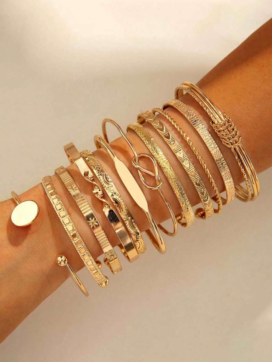 12pcs/Set Women's Printed Pattern Bracelet Set, Suitable For Daily Wear, Gift For Friends - Gold - View 1
