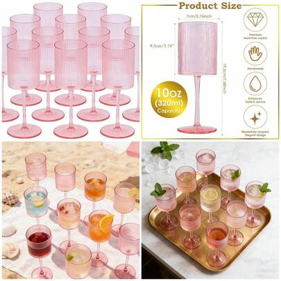 12Pcs Acrylic Ribbed Pink Wine Glasses 10oz Vintage Long Stemmed Glasses Unbreakable Champagne Drinkware Reusable Cocktail Coupe