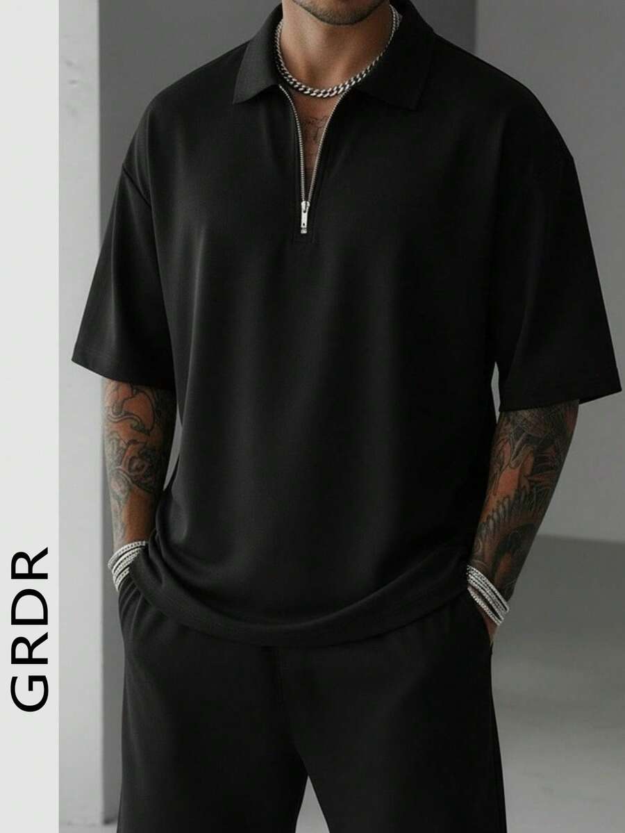 GRDR 男士夏季半拉链 Polo 衫,纯色经典短袖,适合户外休闲穿着 - 黑色 - 查看 1