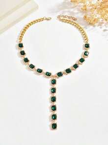 1pc Vintage Luxury Green Square Rhinestone Necklace, Unique Retro Elegant Y-Shaped Clavicle Chain, Exquisite High-End Regal Style Rhinestone Square Choker Necklace, Suitable For Women's Daily, Banquet, Party Wear - 金色 - 查看 4