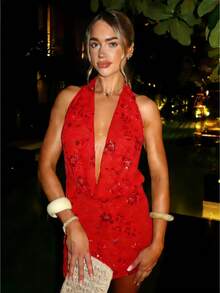 Women's Sparkly Sequin Halter Mini Dress Cowl Neck Sleeveless Backless Bodycon Party Club Short Dress - Red - View 1