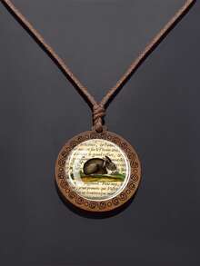1PC Animal Themed Rabbit Pattern Dome Glass Inlaid With Retro Texture Design Wooden Pendant Necklace, Paired With A Rope Chain, Suitable For Daily Wear Or As A Holiday Gift. - Chocolate Brown - View 12