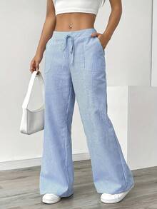 Women's Summer Casual Striped Wide Leg Pants - Drawstring Waist Linen Blend Loose Fit Trousers With Pockets For Beach Vacation Streetwear Daily Lounge Fashion Outfits - 藍色 - 查看 2