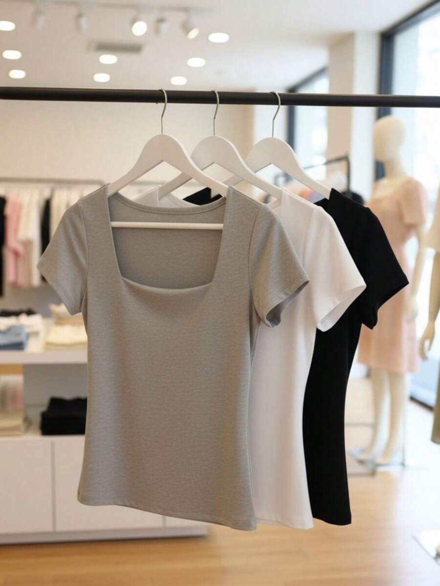Women's Basic Blouse With Square Neckline, Short Sleeves, Baby Look Style, Casual, Versatile, Blogger-Friendly, Trending, International Brands - 灰-白-黑 - 查看 1