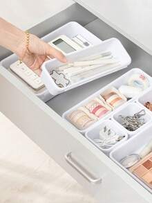 8pcs/Set Plastic Drawer Organizer Boxes With Dividers, Modular Storage Containers For Office Desk, Kitchen, Bathroom & Makeup, Adjustable Compartment Organizer System For Home Organization - White - View 1