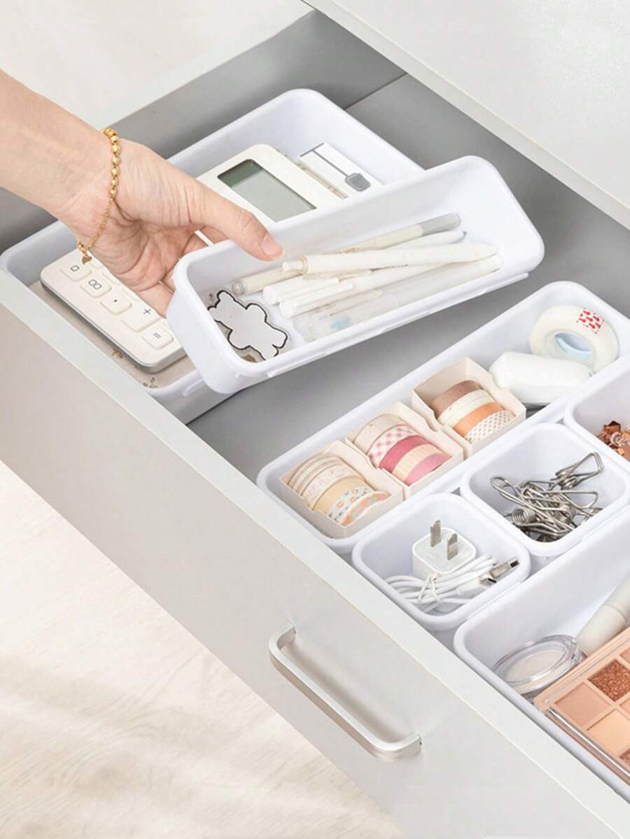 8pcs/Set Plastic Drawer Organizer Boxes With Dividers, Modular Storage Containers For Office Desk, Kitchen, Bathroom & Makeup, Adjustable Compartment Organizer System For Home Organization - White - View 1