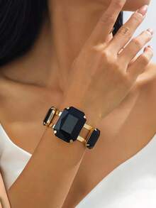 1 pieza Brazalete ajustable de lujo y moda con diseño creativo exagerado, incrustado de metal y piedra preciosa cuadrada para mujeres - Negro - Ver 5