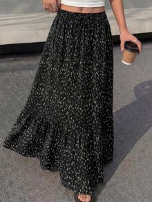 Women Floral Boho Elastic High Waist Flowy Tiered A-Line Maxi Skirt Spring Summer Holiday Beach Vacation Long Skirts With Pockets - 黑色 - 查看 2