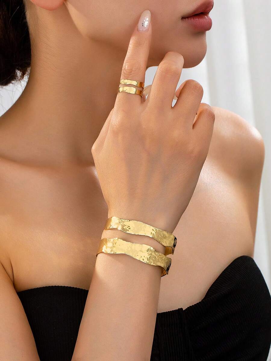 1 Bộ vòng tay và nhẫn hai đường kẻ thời trang, đa năng, kiểu dáng retro. - vàng - Xem 1
