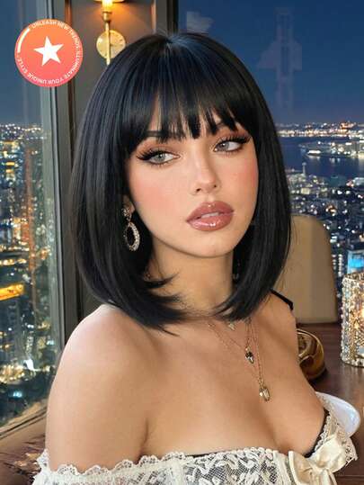 12-Inch High Quality Black Bangs Short Straight Synthetic Heat-Resistant Fiber Wig, Women Wig Suitable For Holidays, Parties And Daily Wear