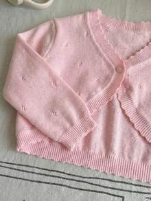 女童优雅粉色短款镂空针织开衫，单扣轻薄透气披肩，春夏款 - 粉色 - 查看 4