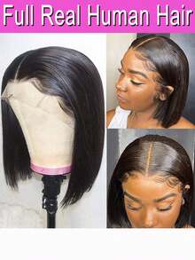 100% Real Human Hair Bob Wigs 13x4 HD Lace Front Wigs Straight Natural Color Human Hair Wig Human Hair Lace Frontal Wigs For Women 200% Density Brazilian Human Hair Wigs Transparent Lace Frontal Wig For Party, Cosplay, Daily Use - 自然色彩 - 查看 4