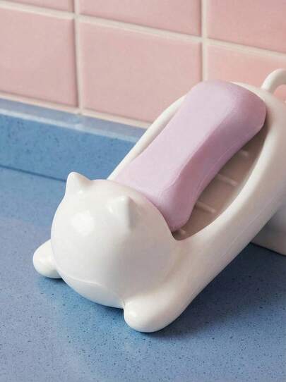 Joivida 卡通猫形自动洗洁精托盘 - 浅色塑料浴室储物盒，非常适合存放肥皂、浴室收纳和储物