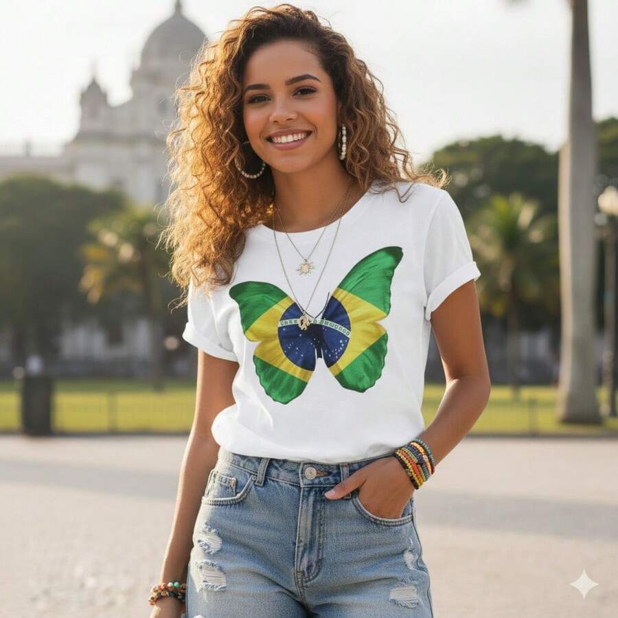 Women's T-Shirt Brazil World Cup Butterfly Homeland Brazil Immediate Shipping - White - View 1