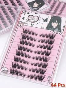 64 piezas de grupos de pestañas postizas autoadhesivas, de longitud mixta de 7-12 mm, pestañas falsas de aspecto natural, pestañas segmentadas, pestañas individuales esponjosas con rizo C, diseño grueso, adecuado para principiantes, grupos de pestañas e pestañas individuales - C - Ver 5