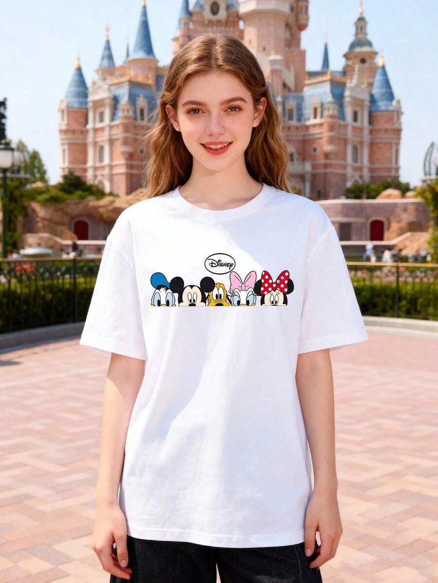 Disneyland "Where Dreams Come True" Classic Characters Graphic Women's Short Sleeve T-Shirt Retro Casual Top - trắng - Xem 1