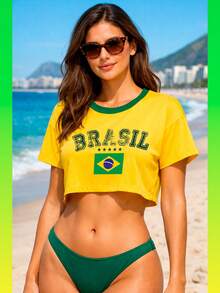 Women's Cropped Tropical Brazil Blouse, Casual Short Top, Soft Touch, Round Neck - 黃色 - 查看 7