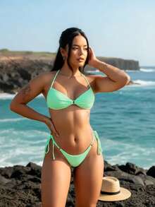 Maré&Cia Lara Bikini Set: Inverted Triangle Top With Thong Bottom With Metal Ring Details - Beachwear - Green Pool - View 1