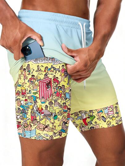 Men's Funny Print Double-Layer Beach Shorts, Summer