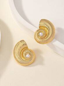 1 Đôi bông tai hình ốc sên bất đối xứng thời trang đính ngọc trai, bông tai nữ, quà tặng ngày lễ và Ngày của Mẹ. - Vàng - Xem 5