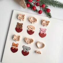 动物及心形系列聚合物粘土切割模具，包括大象、猫、老鼠、熊、狐狸、猪等造型，适合初学者制作手工聚合物粘土耳环和陶瓷工艺品。 - 杏色 - 查看 2