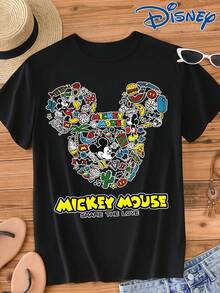 Disney 1pc Men's Mickey Mouse Cartoon Graphic Print Short Sleeve T-Shirt, Round Neck, Stretchy, Suitable For Daily Wear, Easy Care, Fashionable Casual Men's T-Shirt, Short Sleeve Tee - Black - View 1