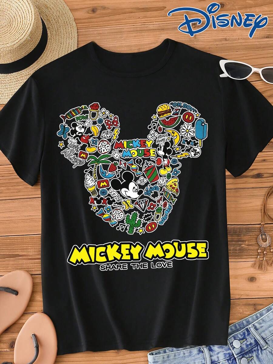 Disney 1pc Men's Mickey Mouse Cartoon Graphic Print Short Sleeve T-Shirt, Round Neck, Stretchy, Suitable For Daily Wear, Easy Care, Fashionable Casual Men's T-Shirt, Short Sleeve Tee - Black - View 1
