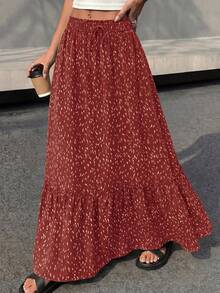 Women Floral Boho Elastic High Waist Flowy Tiered A-Line Maxi Skirt Spring Summer Holiday Beach Vacation Long Skirts With Pockets - 紅色 - 查看 3