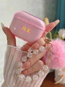Estuche para auriculares con purpurina transparente compatible con 1/2 3 Nuevo 4 Pro 3, con elemento de letra personalizada (set de 2 piezas, incluye cadena con colgante de bola de pelo de cristal), regalo personalizado para cumpleaños, aniversario, boda, Pascua, primavera - Rosa - Ver 2